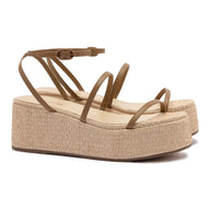 Larroude Gio Flatform Sandal In Natural Raffia And Hazelnut Trimming