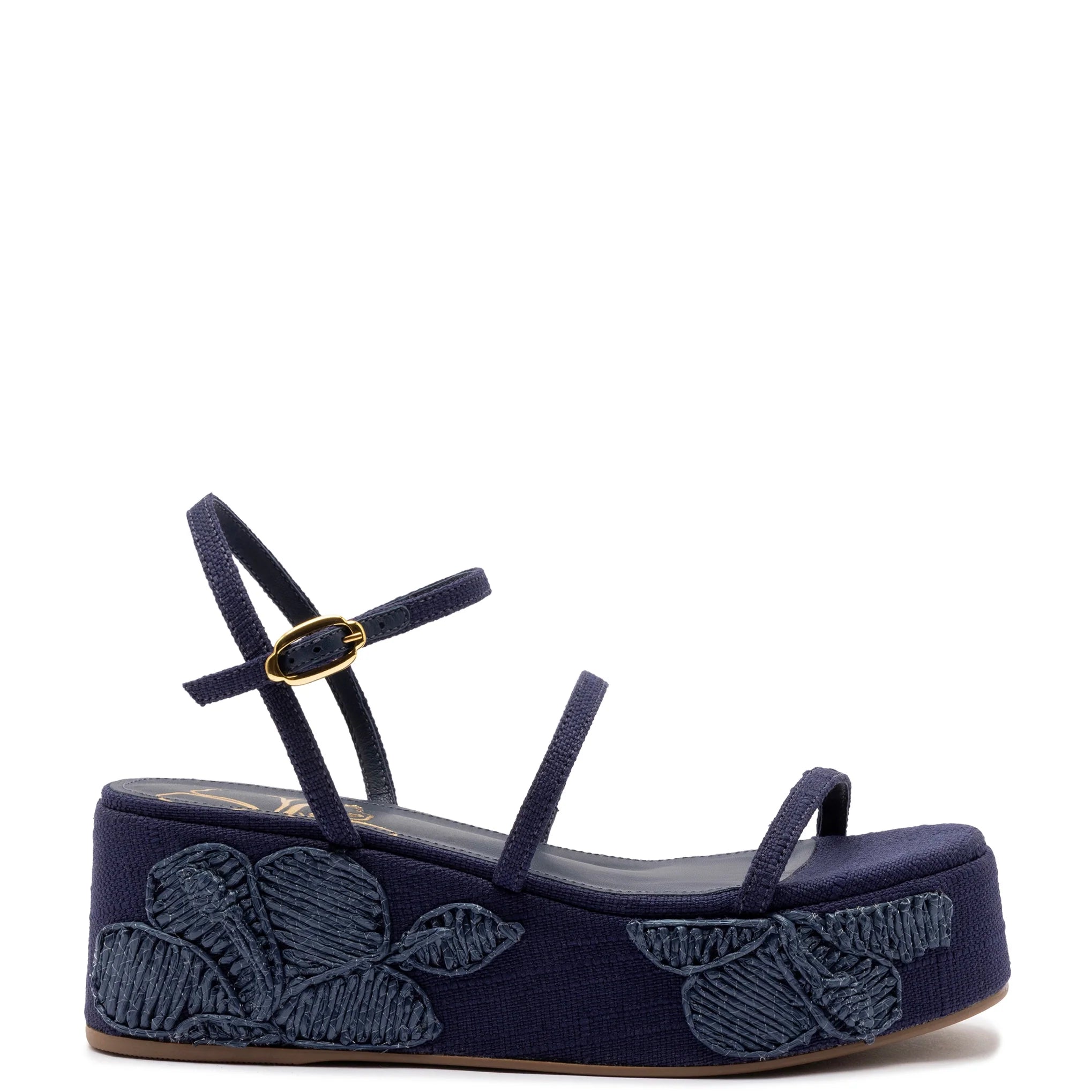 Larroude Gio Flatform In Navy Raffia And Hibiscus Embroidery