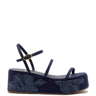Larroude Gio Flatform In Navy Raffia And Hibiscus Embroidery