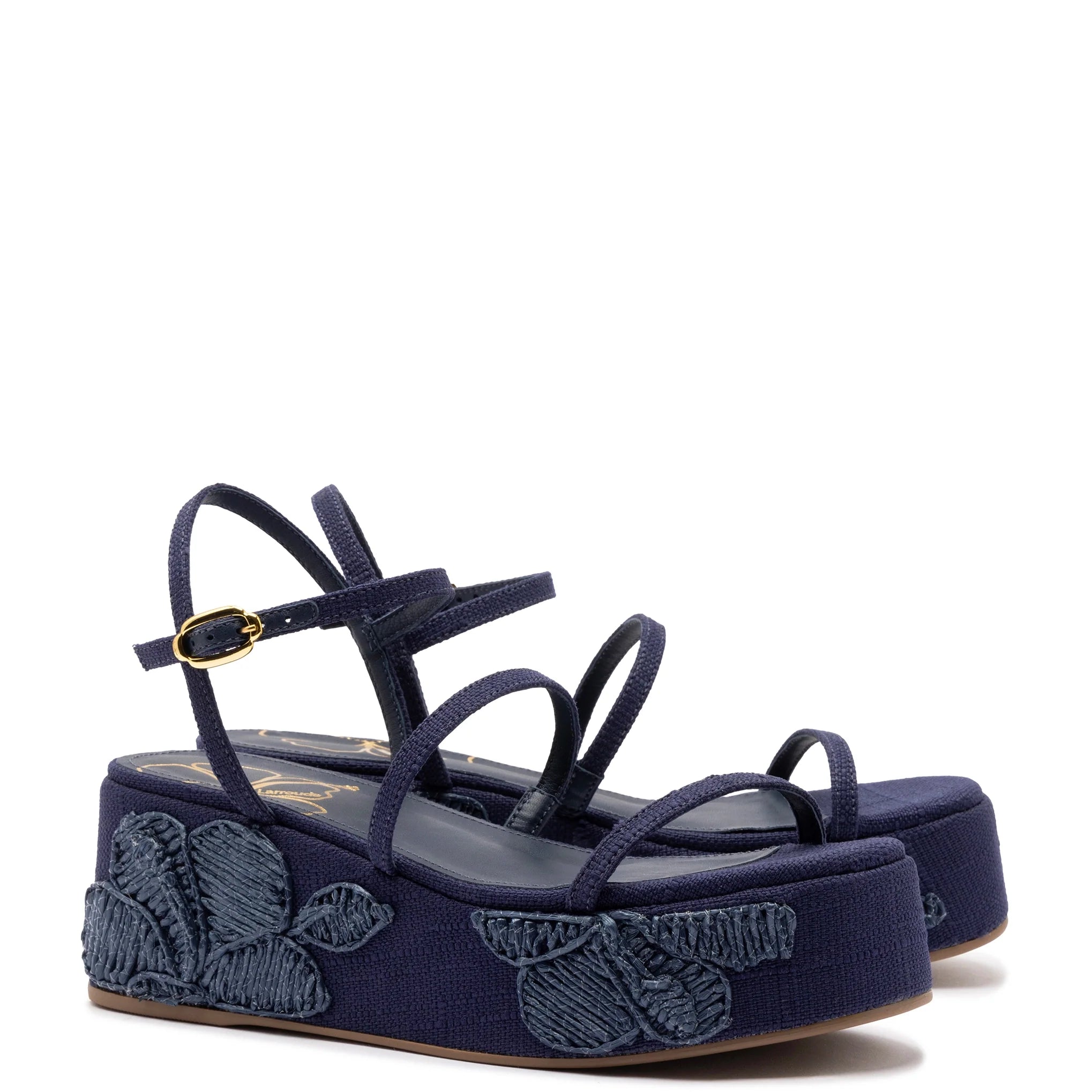 Larroude Gio Flatform In Navy Raffia And Hibiscus Embroidery