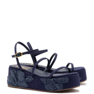 Larroude Gio Flatform In Navy Raffia And Hibiscus Embroidery