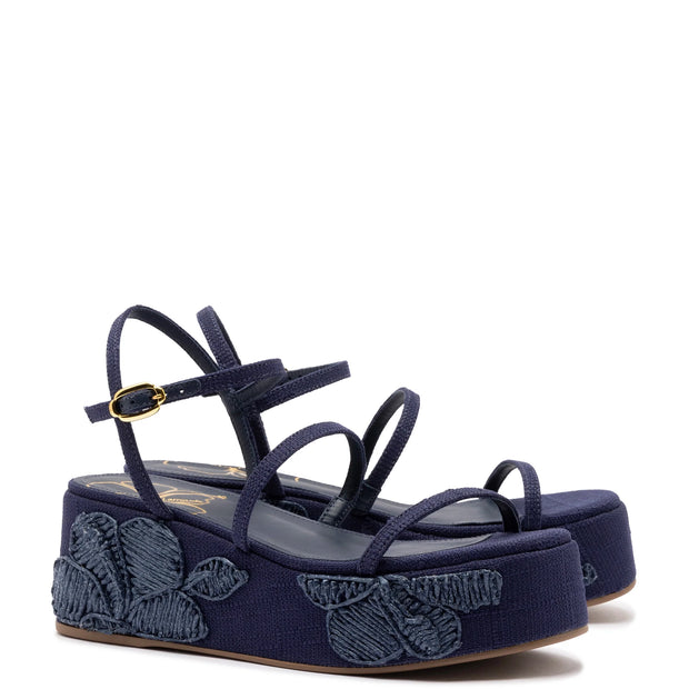 Larroude Gio Flatform In Navy Raffia And Hibiscus Embroidery