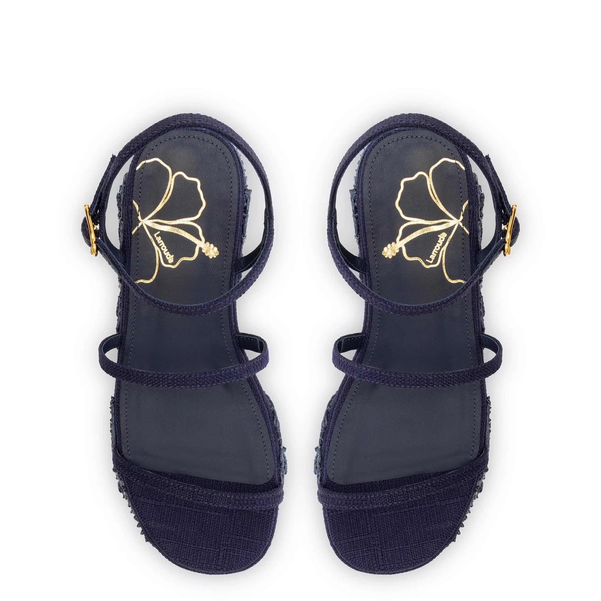Larroude Gio Flatform In Navy Raffia And Hibiscus Embroidery