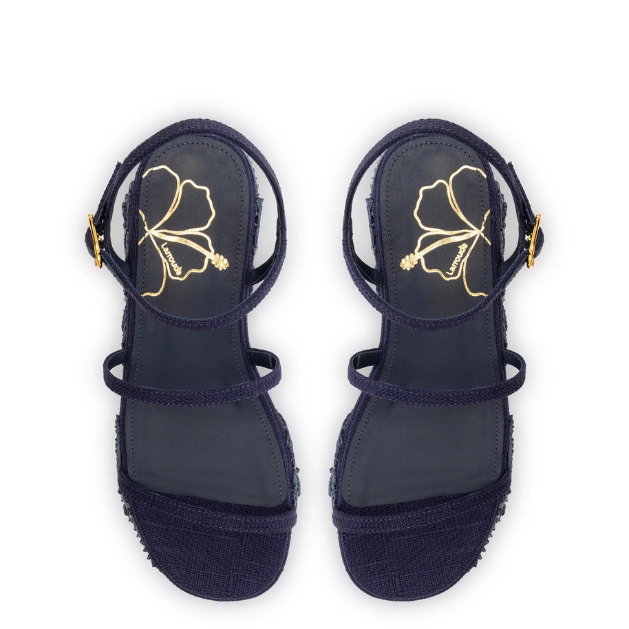 Larroude Gio Flatform In Navy Raffia And Hibiscus Embroidery