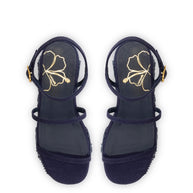Larroude Gio Flatform In Navy Raffia And Hibiscus Embroidery