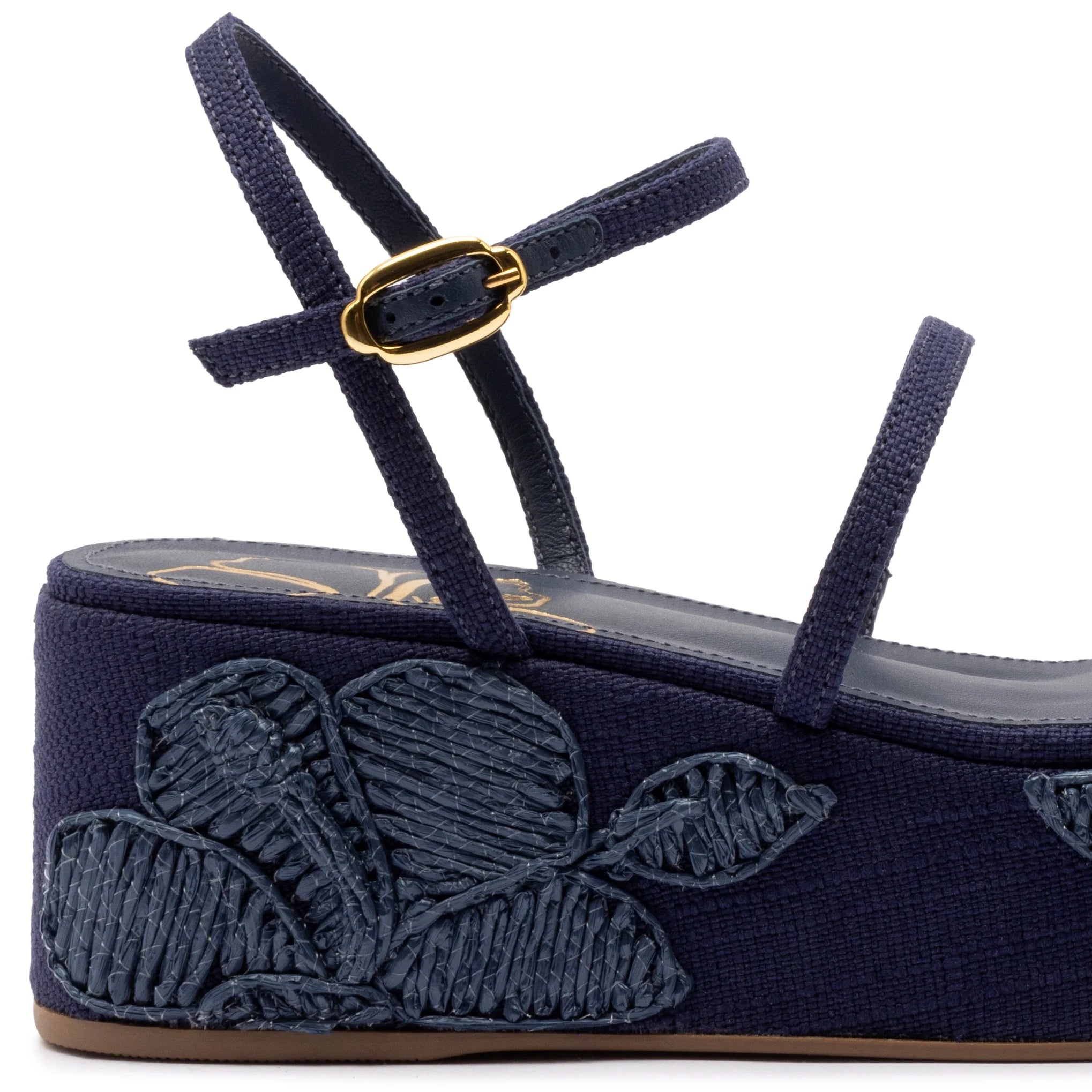 Larroude Gio Flatform In Navy Raffia And Hibiscus Embroidery