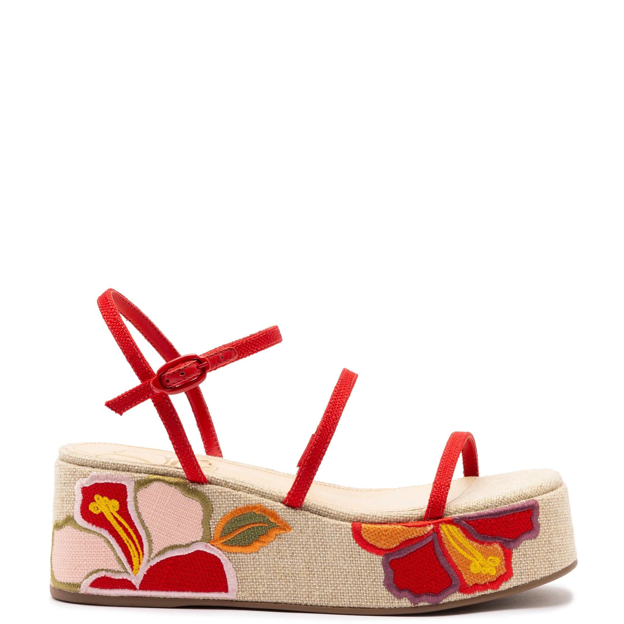 Larroude Gio Flatform Sandal In Scarlet Raffia And Hibiscus Embroidery