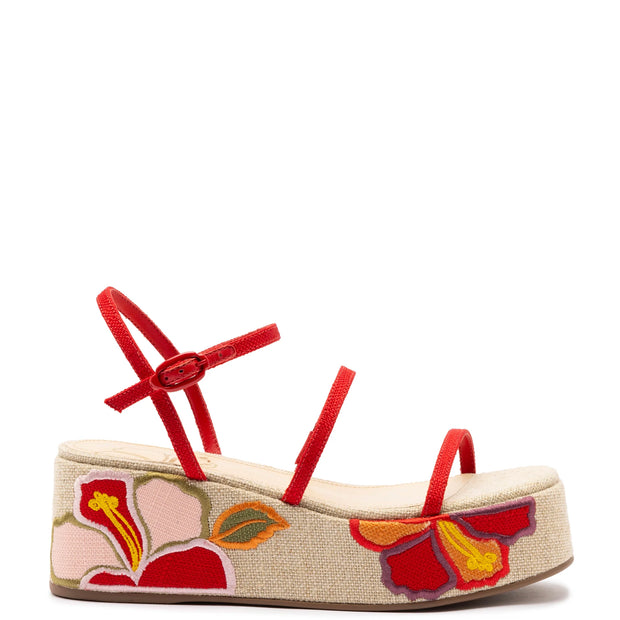 Larroude Gio Flatform Sandal In Scarlet Raffia And Hibiscus Embroidery