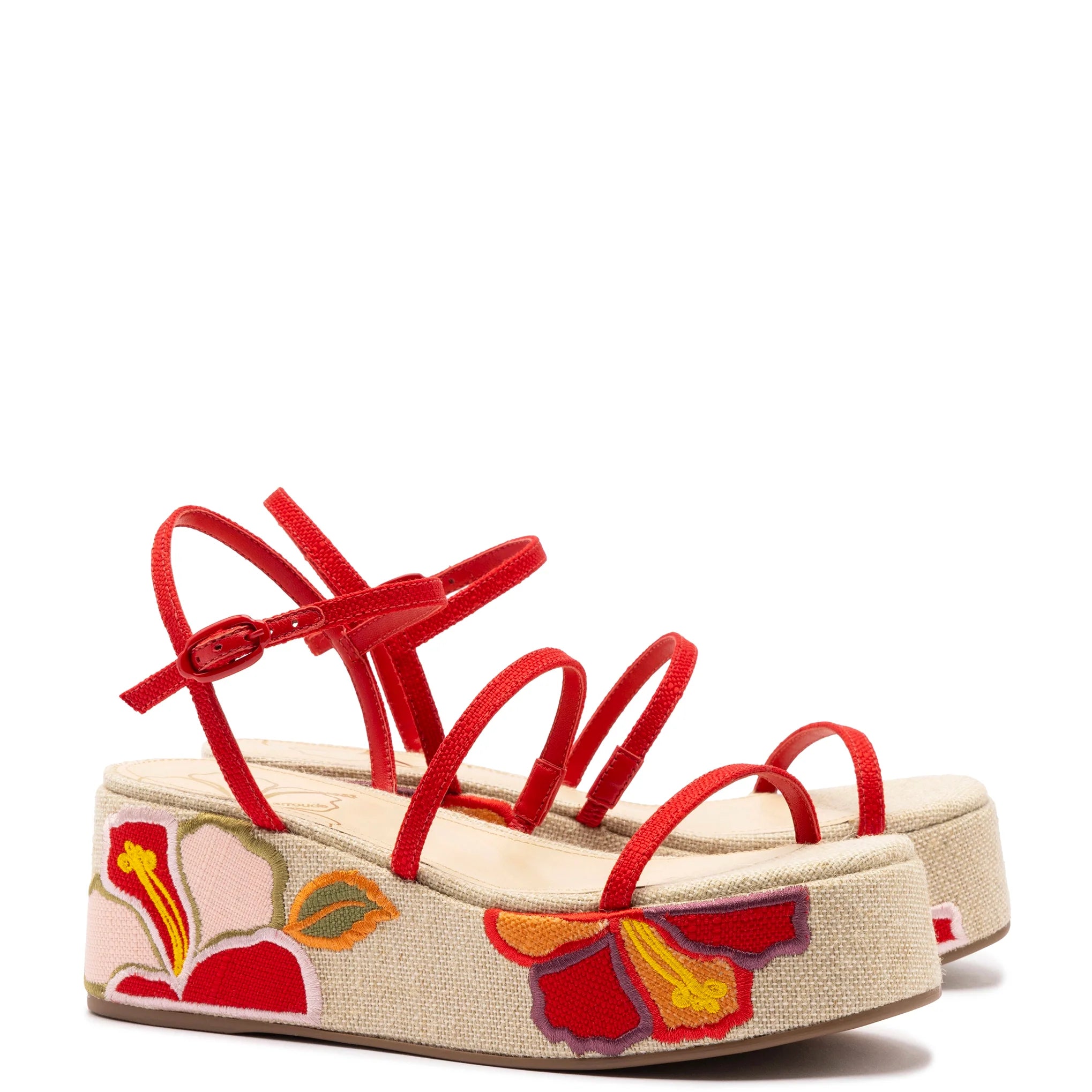 Larroude Gio Flatform Sandal In Scarlet Raffia And Hibiscus Embroidery