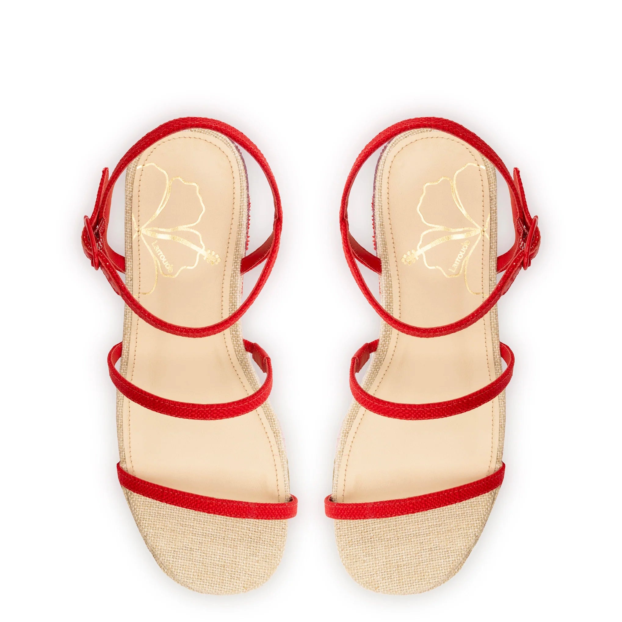 Larroude Gio Flatform Sandal In Scarlet Raffia And Hibiscus Embroidery
