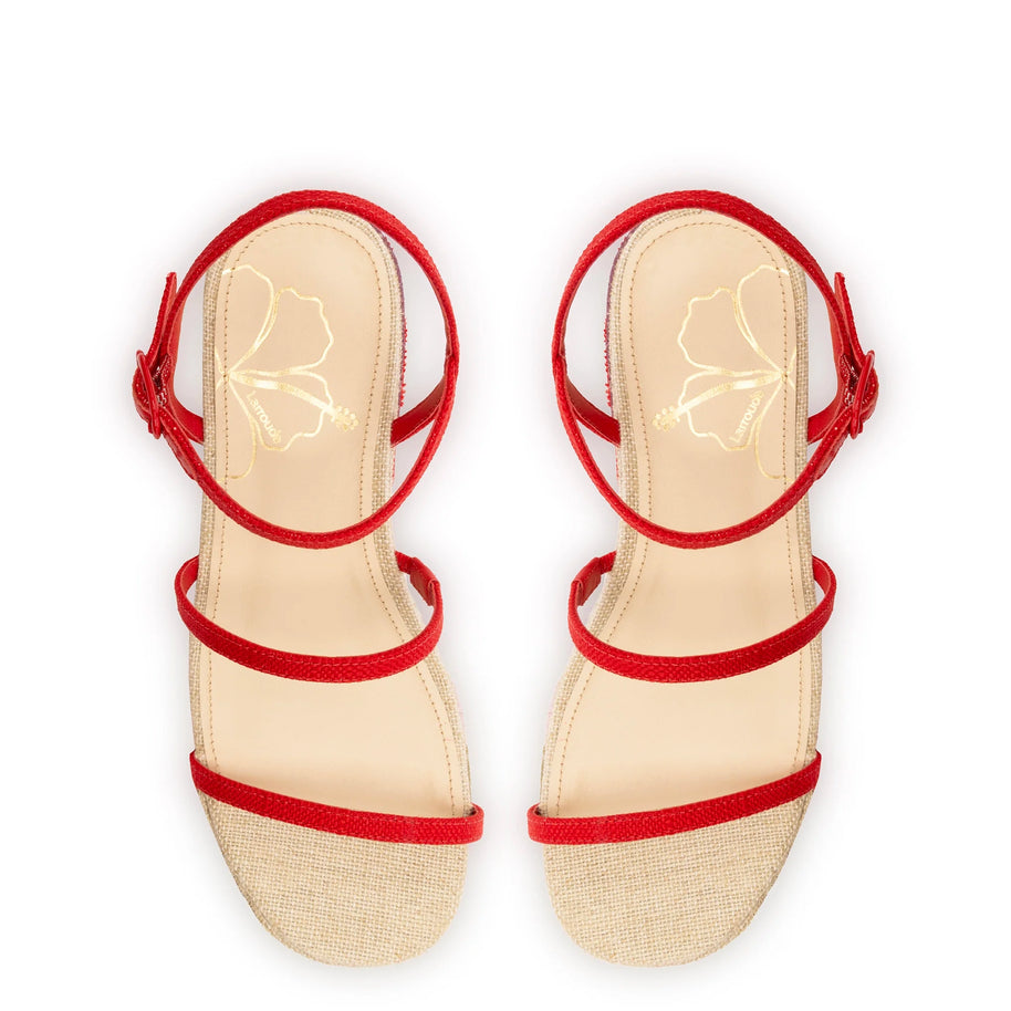 Larroude Gio Flatform Sandal In Scarlet Raffia And Hibiscus Embroidery