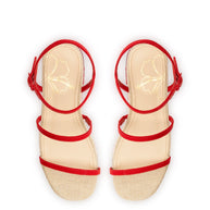 Larroude Gio Flatform Sandal In Scarlet Raffia And Hibiscus Embroidery