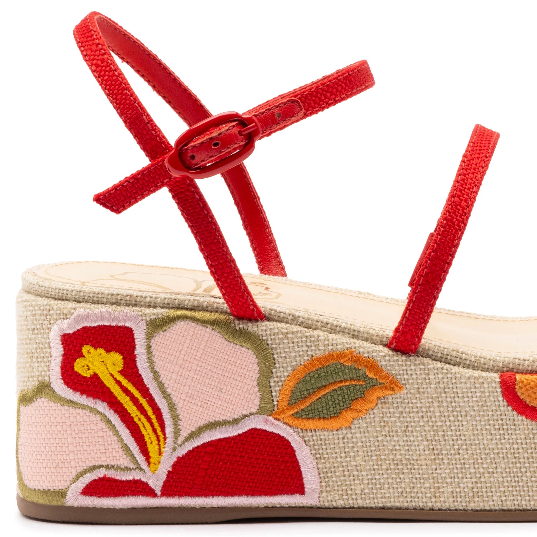 Larroude Gio Flatform Sandal In Scarlet Raffia And Hibiscus Embroidery