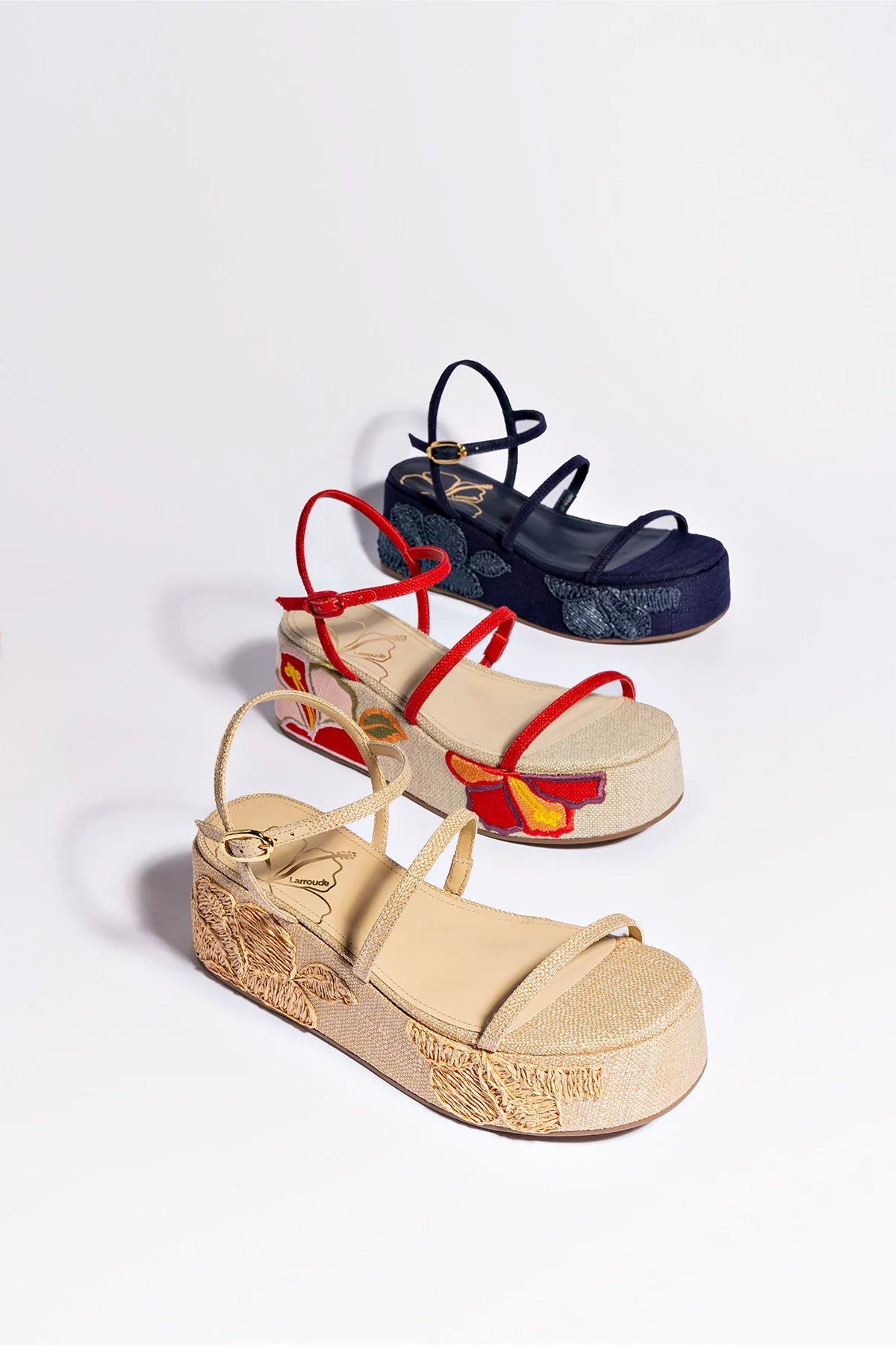 Larroude Gio Flatform Sandal In Scarlet Raffia And Hibiscus Embroidery
