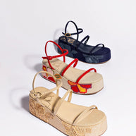 Larroude Gio Flatform Sandal In Scarlet Raffia And Hibiscus Embroidery