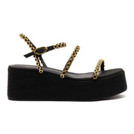 Larroude Gio Milanina Flatform Sandal In Black Raffia
