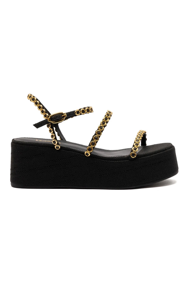 Larroude Gio Milanina Flatform Sandal In Black Raffia