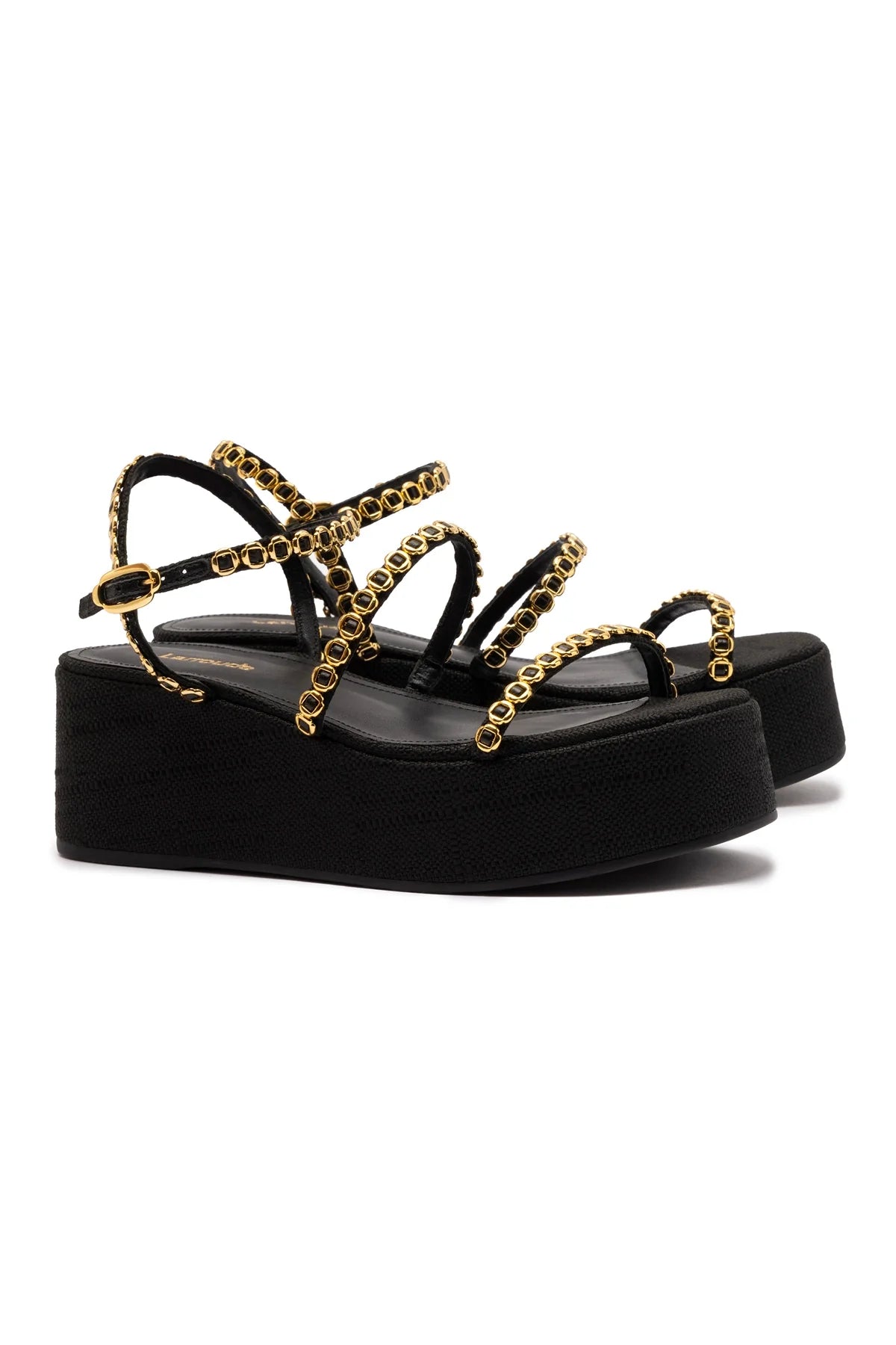 Larroude Gio Milanina Flatform Sandal In Black Raffia