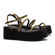 Larroude Gio Milanina Flatform Sandal In Black Raffia