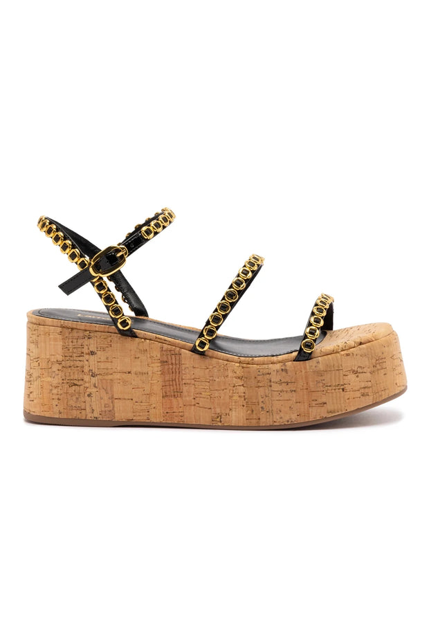 Larroude Gio Milanina Flatform In Black Patent Leather And Natural Cork
