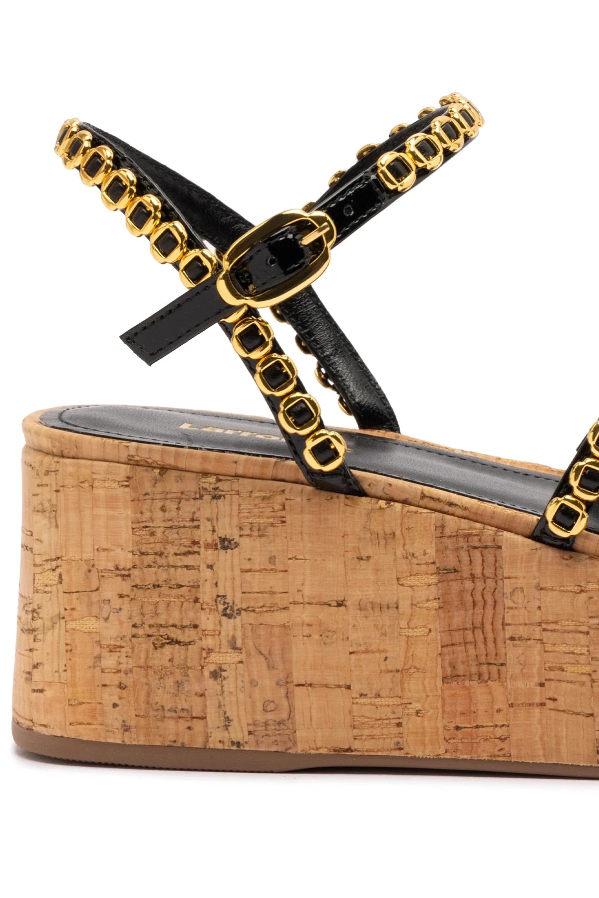 Larroude Gio Milanina Flatform In Black Patent Leather And Natural Cork