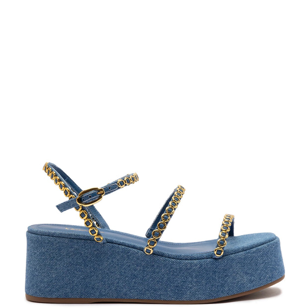 Larroude Gio Milanina Flatform Sandal In Blue Stoned Raffia