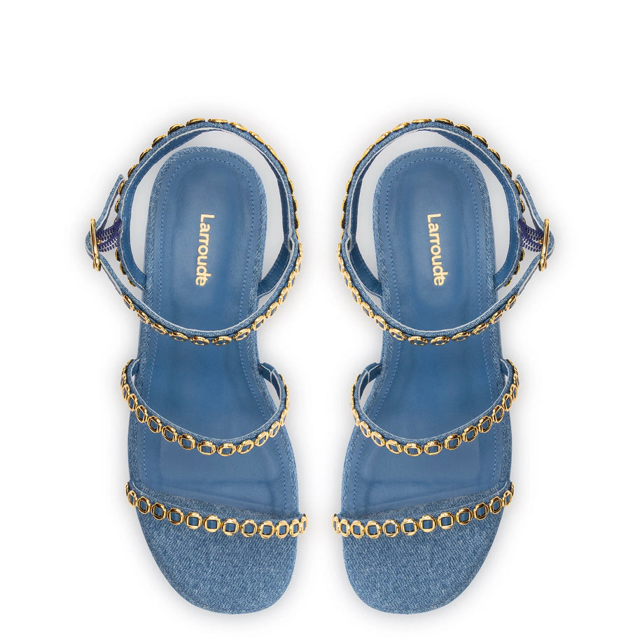Larroude Gio Milanina Flatform Sandal In Blue Stoned Raffia