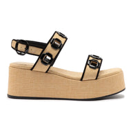 Larroude Milan Flatform In Beige Raffia and Black Trimming