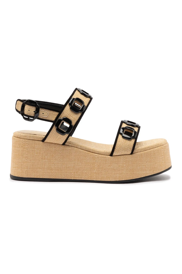 Larroude Milan Flatform In Beige Raffia and Black Trimming