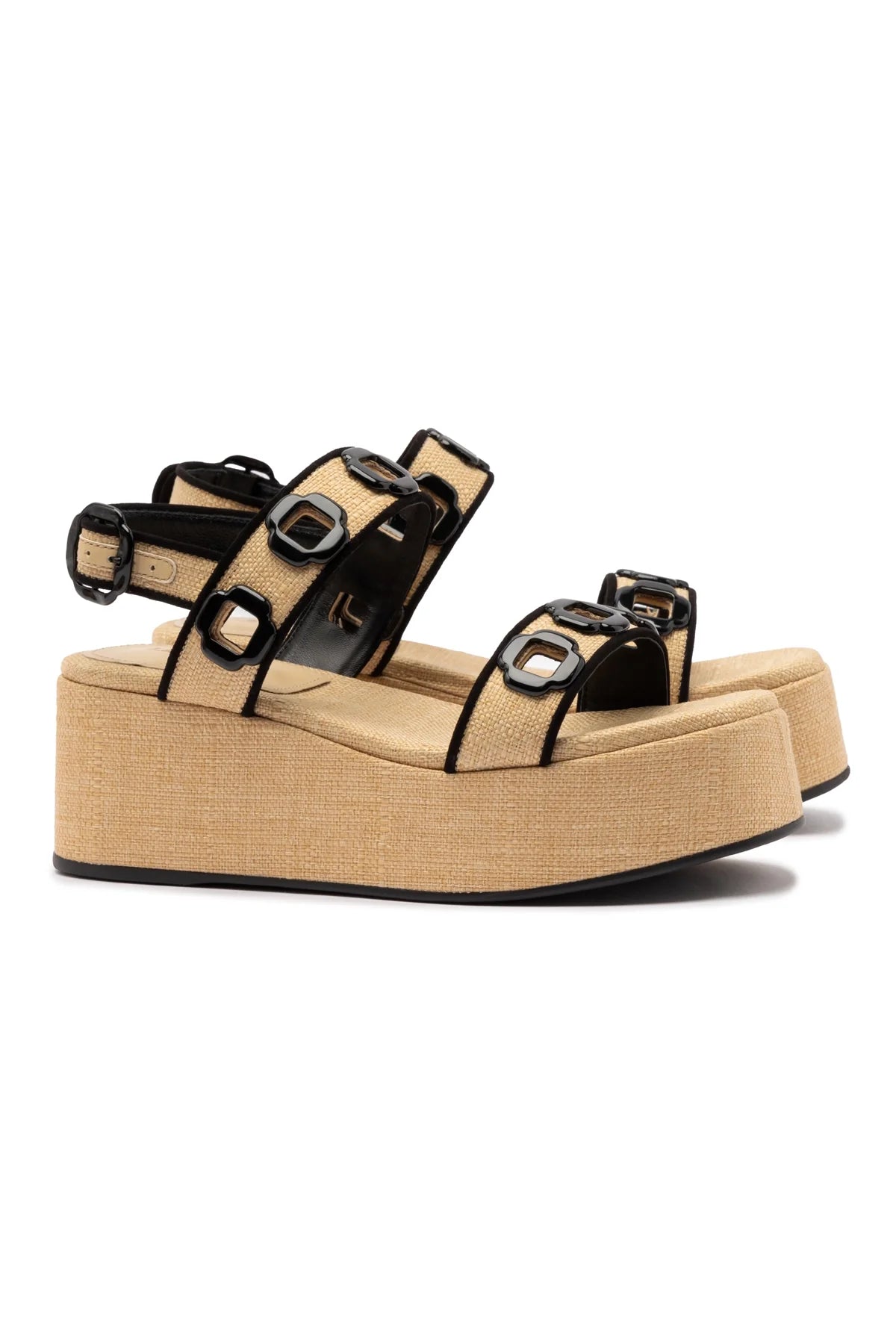 Larroude Milan Flatform In Beige Raffia and Black Trimming