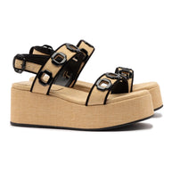 Larroude Milan Flatform In Beige Raffia and Black Trimming