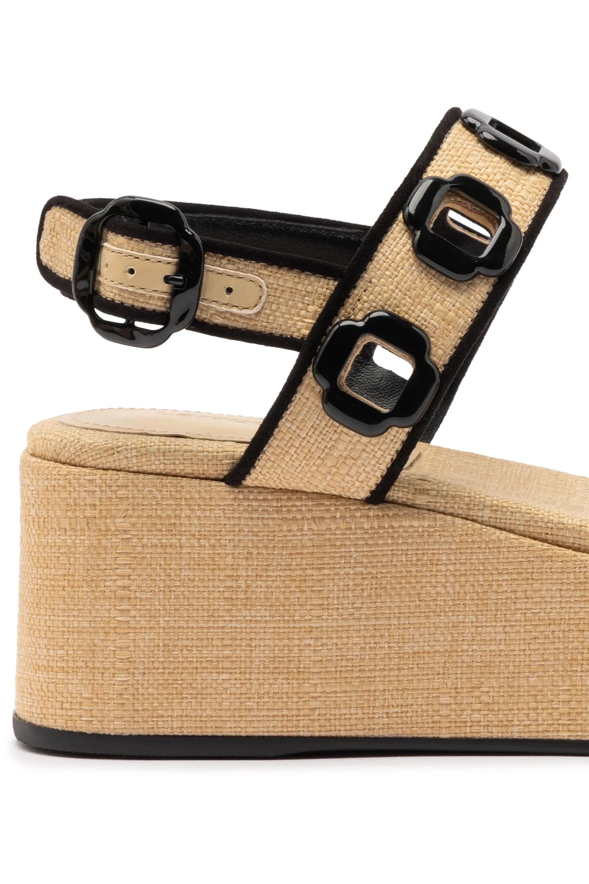 Larroude Milan Flatform In Beige Raffia and Black Trimming