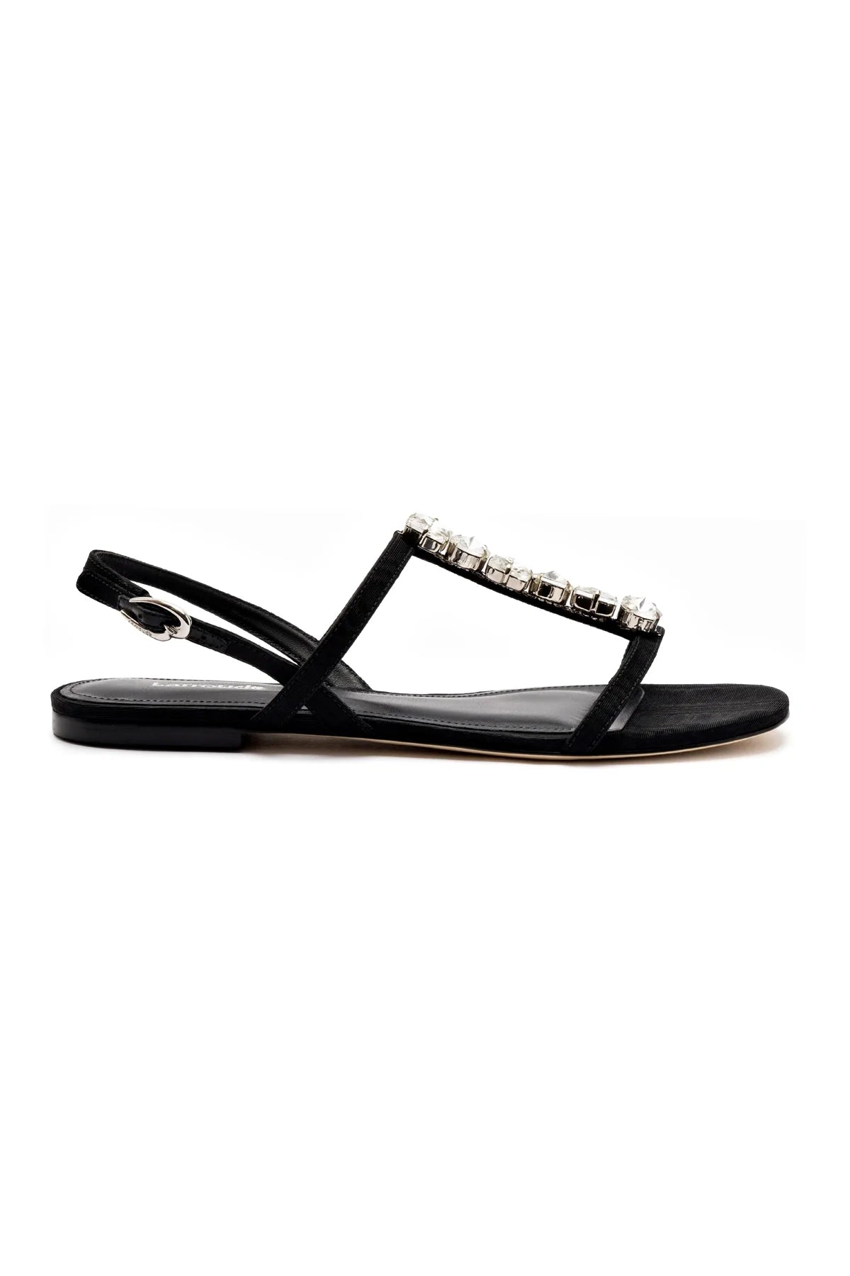 Larroude Calypso Flat Sandal In Black Fabric And Crystals