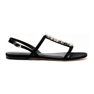 Larroude Calypso Flat Sandal In Black Fabric And Crystals