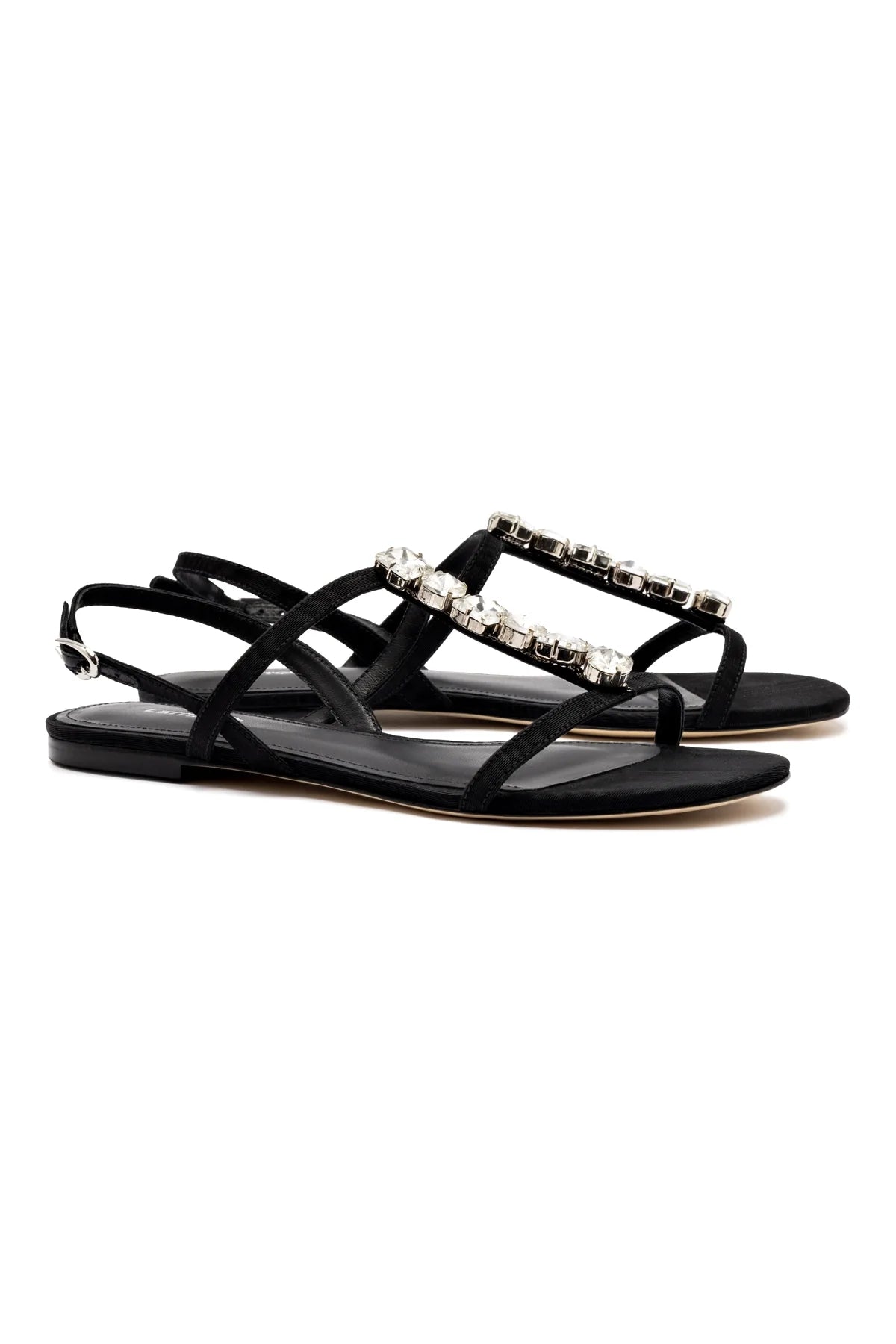 Larroude Calypso Flat Sandal In Black Fabric And Crystals