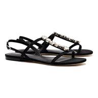 Larroude Calypso Flat Sandal In Black Fabric And Crystals