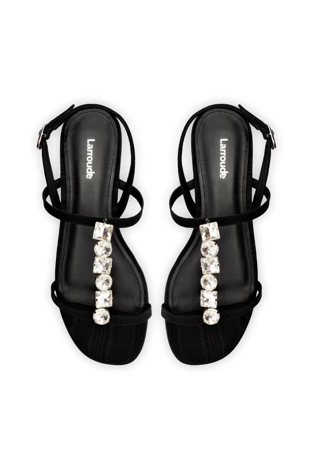 Larroude Calypso Flat Sandal In Black Fabric And Crystals
