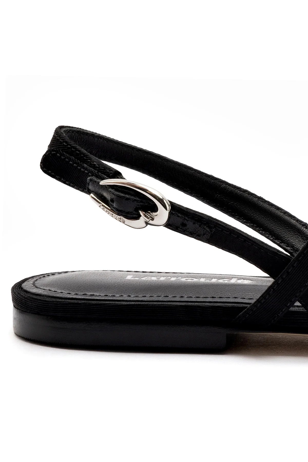 Larroude Calypso Flat Sandal In Black Fabric And Crystals
