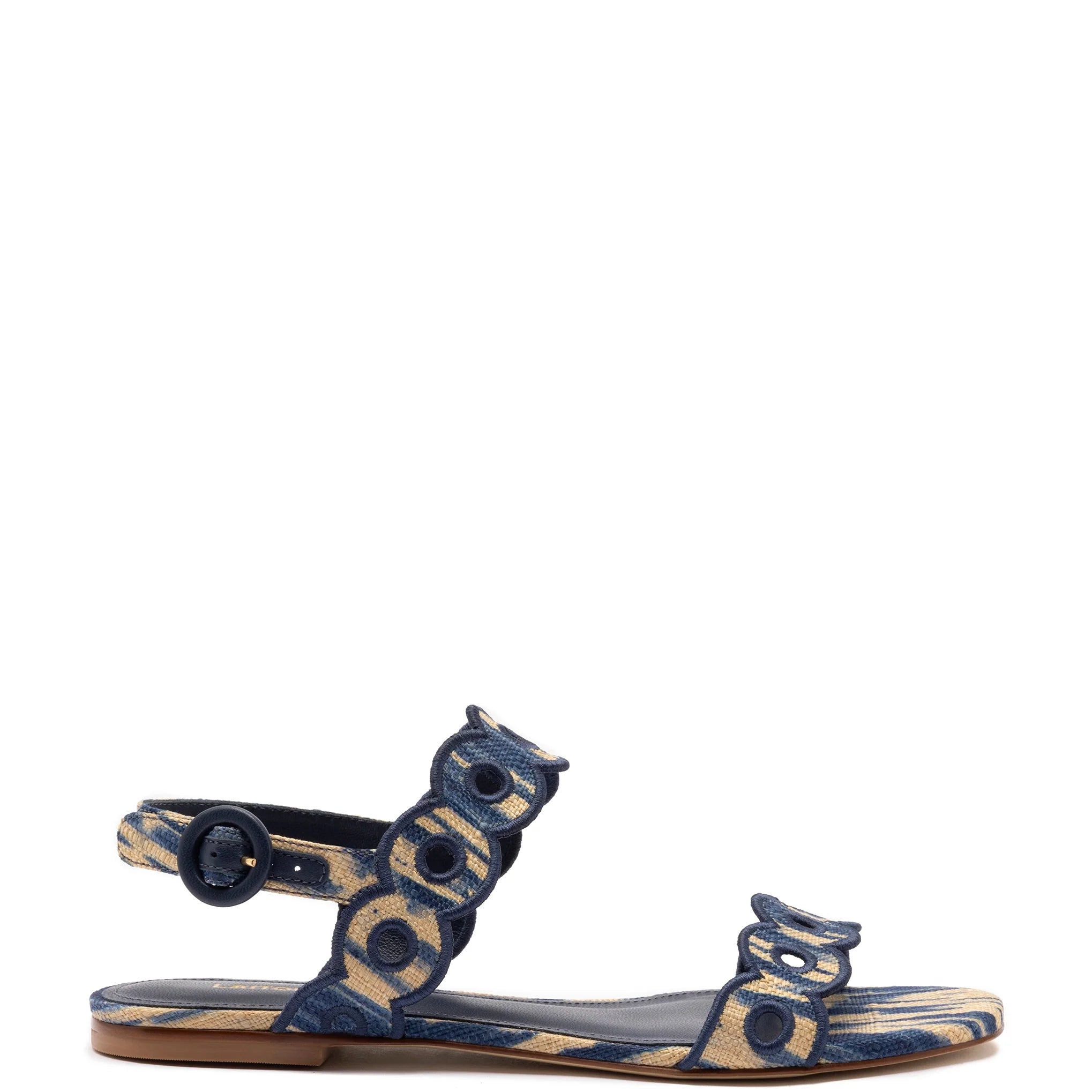 Larroude Florence Broderie Flat Sandal In Tie Dye Beige And Navy Raffia