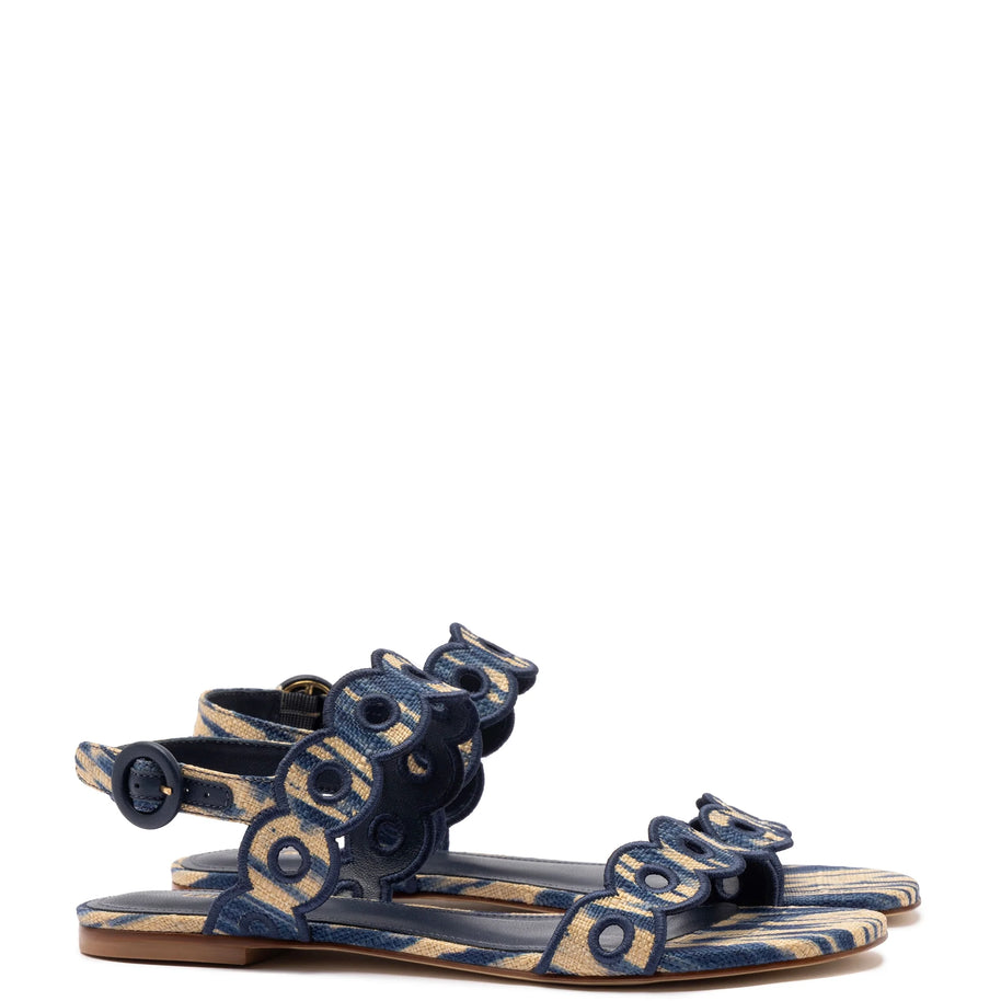 Larroude Florence Broderie Flat Sandal In Tie Dye Beige and Navy Raffia