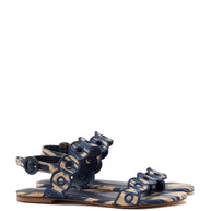 Larroude Florence Broderie Flat Sandal In Tie Dye Beige and Navy Raffia