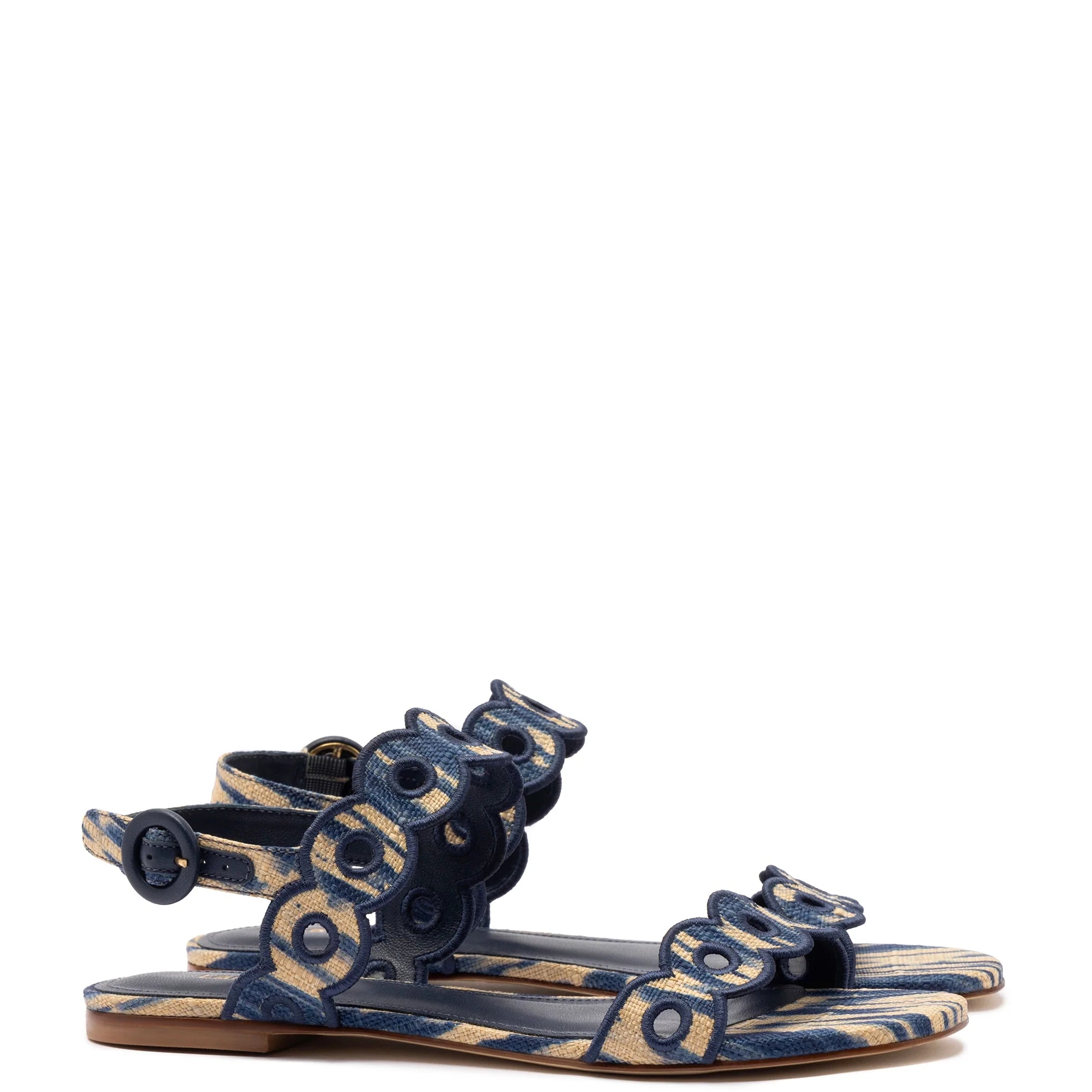 Larroude Florence Broderie Flat Sandal In Tie Dye Beige and Navy Raffia