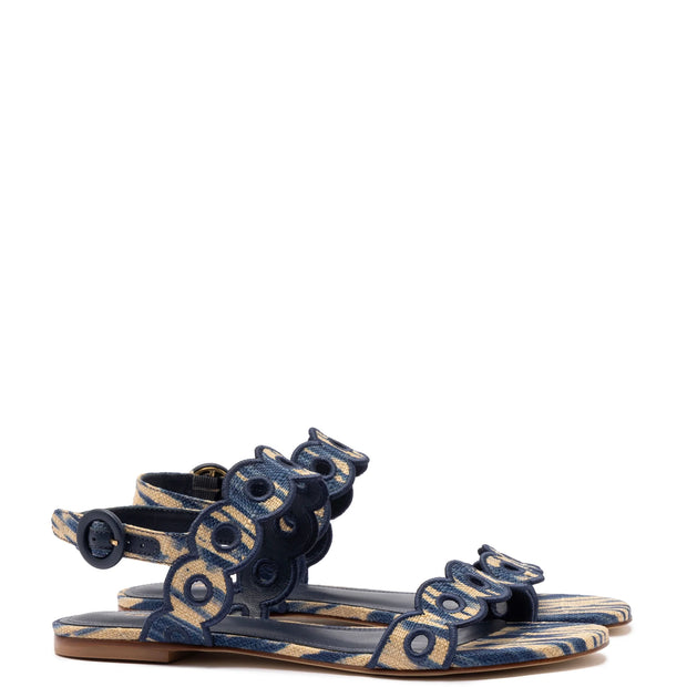 Larroude Florence Broderie Flat Sandal In Tie Dye Beige and Navy Raffia