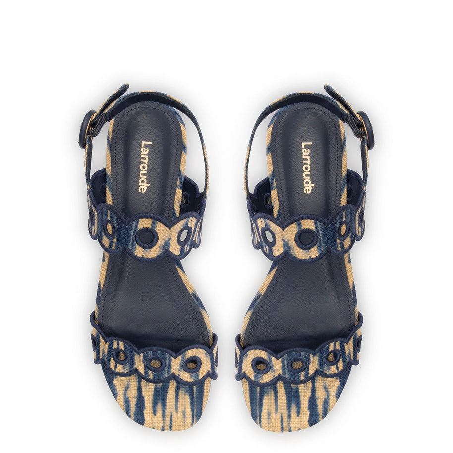 Larroude Florence Broderie Flat Sandal In Tie Dye Beige and Navy Raffia