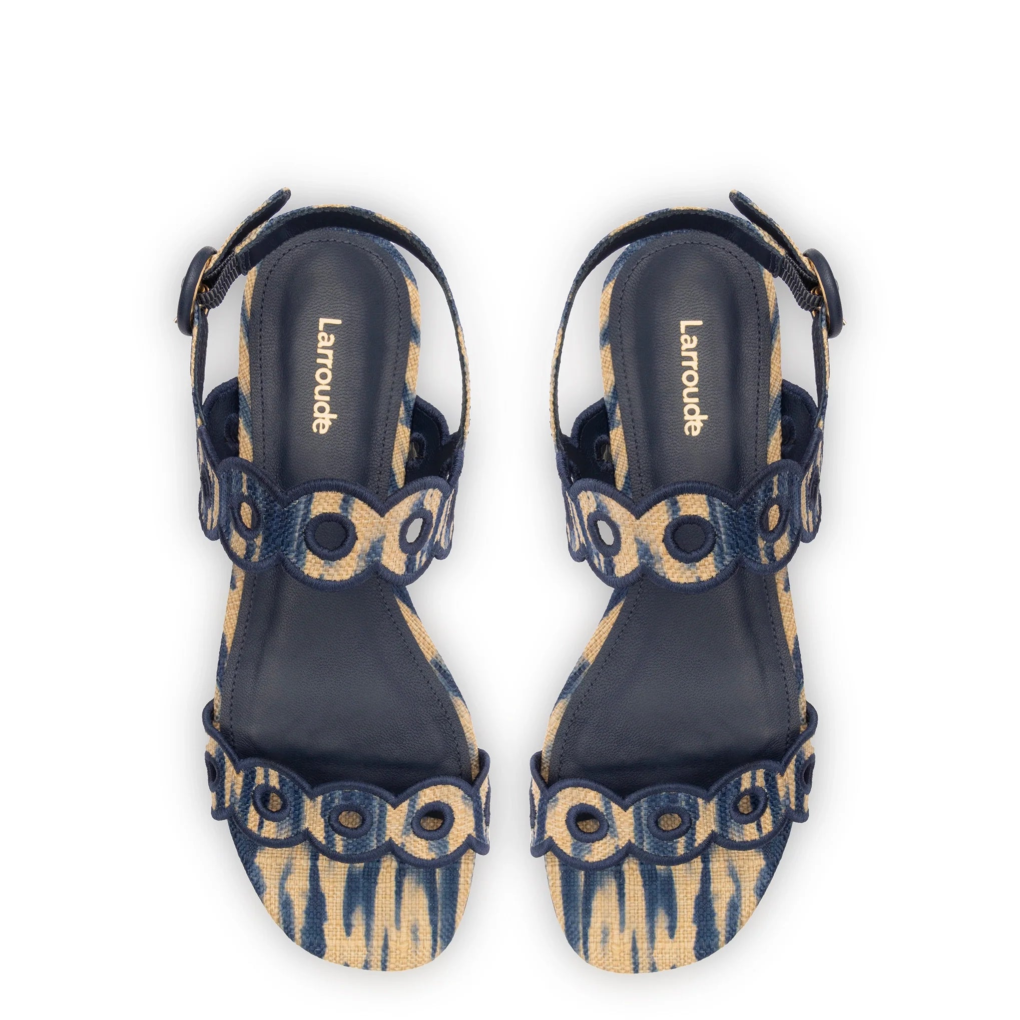 Larroude Florence Broderie Flat Sandal In Tie Dye Beige and Navy Raffia
