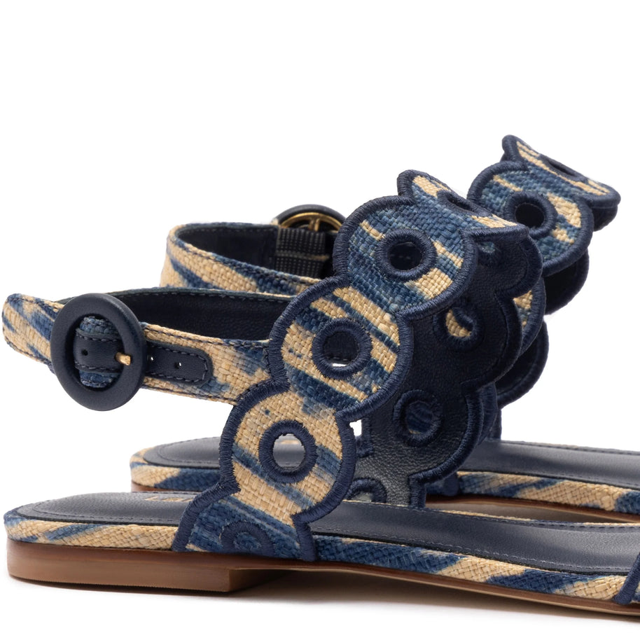Larroude Florence Broderie Flat Sandal In Tie Dye Beige and Navy Raffia