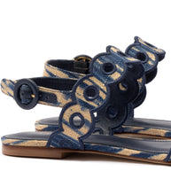 Larroude Florence Broderie Flat Sandal In Tie Dye Beige and Navy Raffia