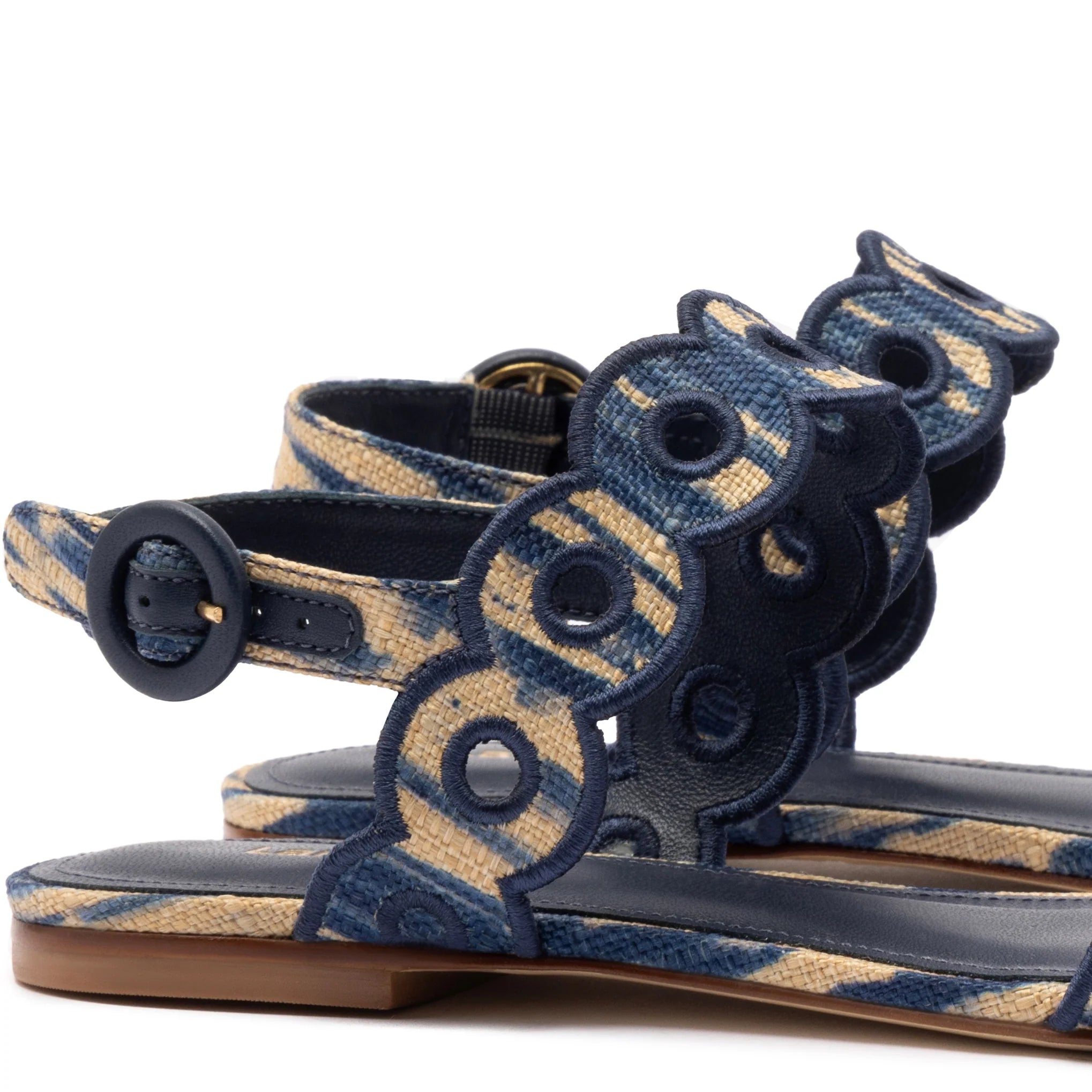 Larroude Florence Broderie Flat Sandal In Tie Dye Beige and Navy Raffia