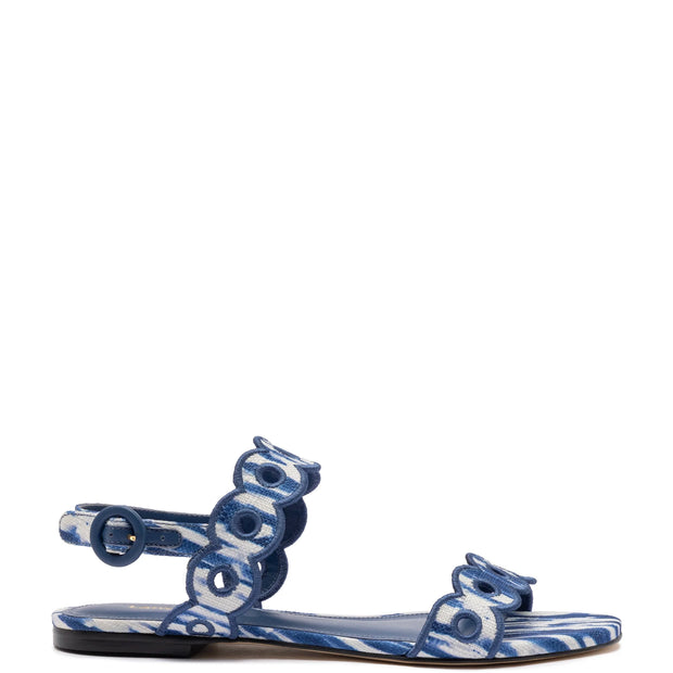 Larroude Florence Broderie Flat Sandal In Tie Dye Blue Raffia