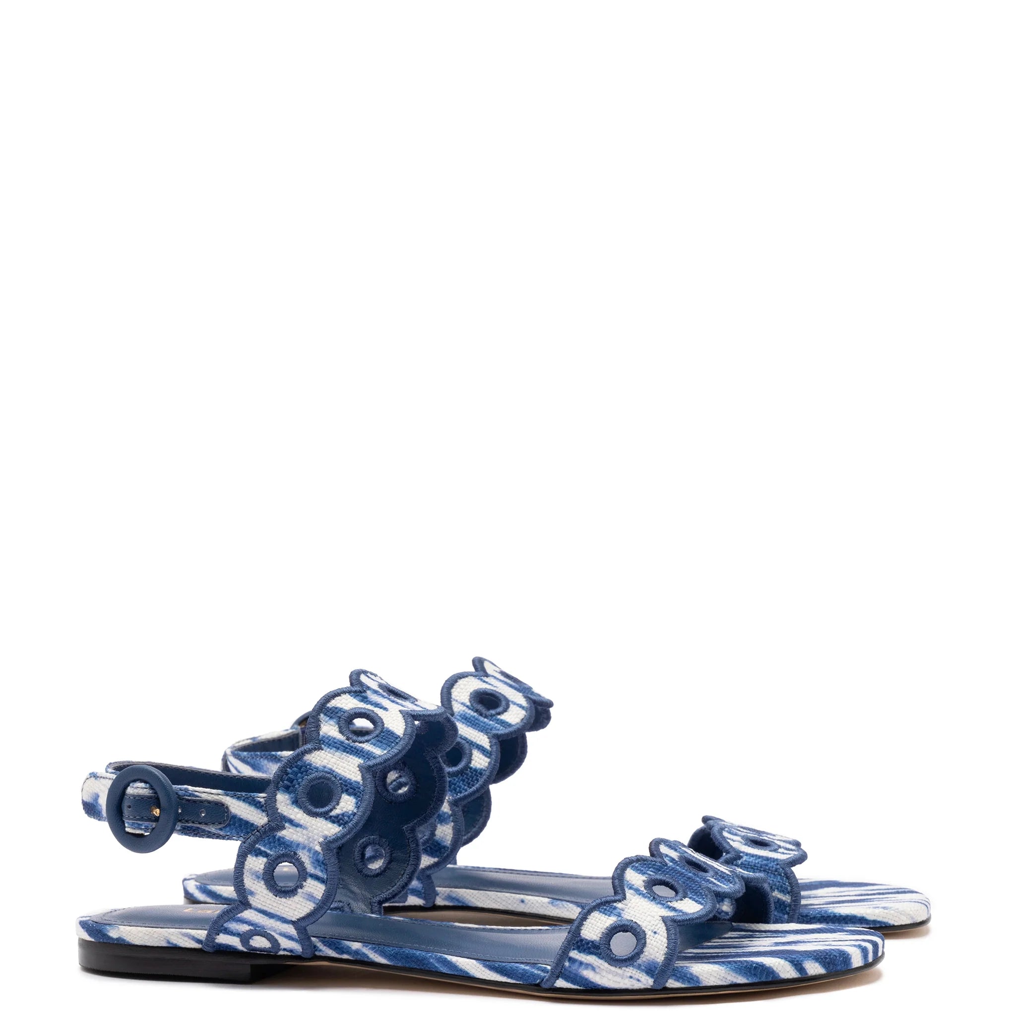Larroude Florence Broderie Flat Sandal In Tie Dye Blue Raffia